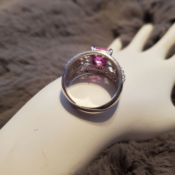 Lab Created Pink Sapphire w/28 CZ SS Ring, Sz 9 - Picture 10 of 12